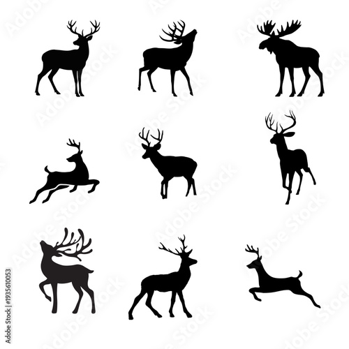 Deer Silhouette Set Showing Jumping Running and Standing Poses
