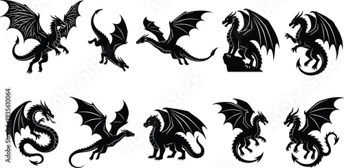 Dragon silhouette vector illustration collection, flying dragon, standing dragon, fantasy creature, mythological beast, medieval design, serpent form, art