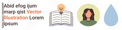 Education, creativity, sustainability, personal growth, reading, minimalism. Open book with light bulb, person silhouette and water drop icons. Education and creativity-related visuals
