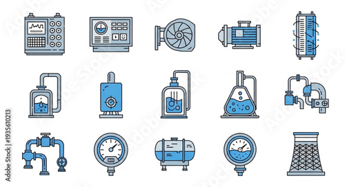 Collection of industrial equipment and machinery icons.