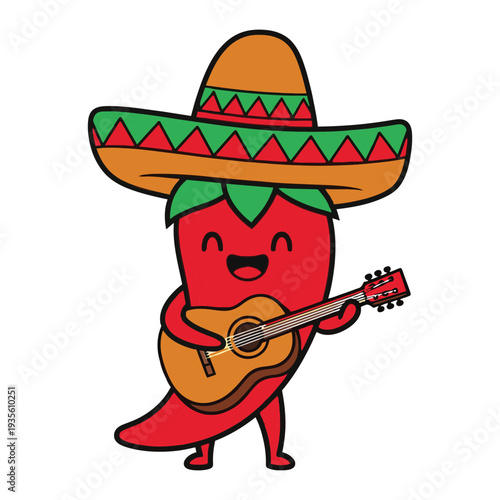 Happy Cartoon Chili Pepper with Sombrero Playing Acoustic Guitar - Festive Fiesta Food Character Illustration