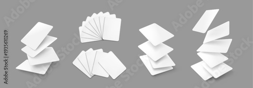 Blank flying poker card mockup with white deck elements, realistic vector set isolated on grey background. 3D template with falling cards for game presentation, business voucher design, or casino