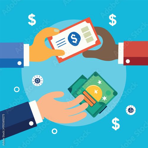 one hand giving money to another hand, dollar bills floating in the air