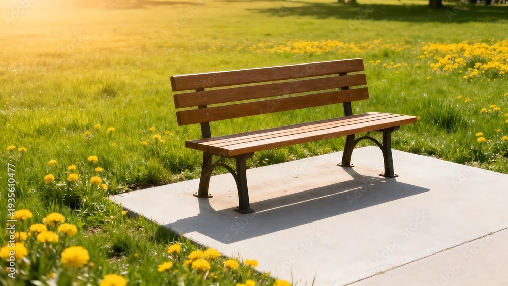 Fototapeta premium Wooden bench in grassy field with flowers