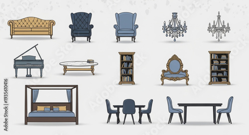 Collection of elegant antique furniture and decor items.