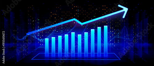 Financial market chart with candlestick pattern, stock growth trend and forex trading data, abstract vector blue digital background for business analysis. Global progress graph, rising neon blue arrow