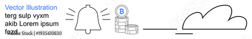 Cryptocurrency investments, blockchain technology, cloud storage, financial security, digital assets, notification alerts. Bell icon with soundlines, Bitcoin coins and cloud graphic. Blockchain