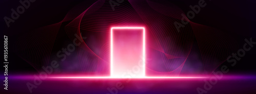 Neon door with pink and red glow and abstract lines on black background. Vector realistic illustration of magic portal, 3D gateway with bright light, futuristic digital entrance, cyberspace entrance