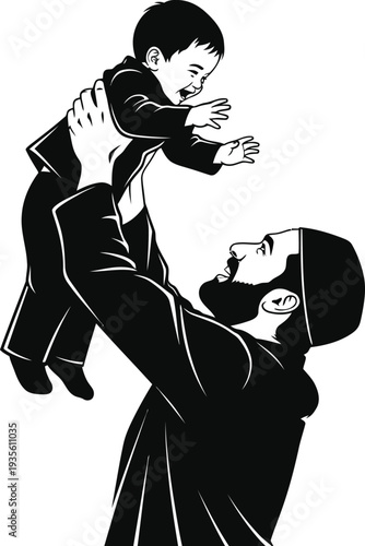 Loving father playfully lifts his joyful child in the air with happiness