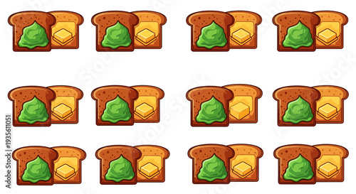Kaya Toast Illustration, Traditional Singaporean Breakfast with Pandan Coconut Jam and Butter Slices on Toasted Bread Pattern