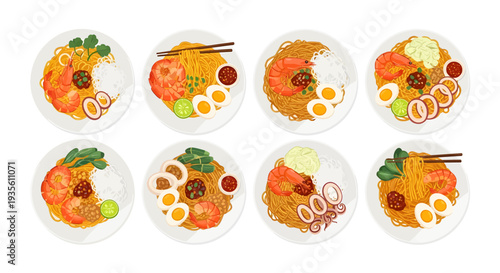 Set of Hokkien Mee Seafood Noodle Illustrations with Prawns and Squid