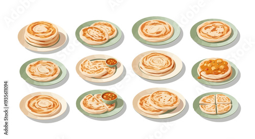 Roti Canai and Prata Flatbread Collection with Curry Dipping Sauce Illustrations