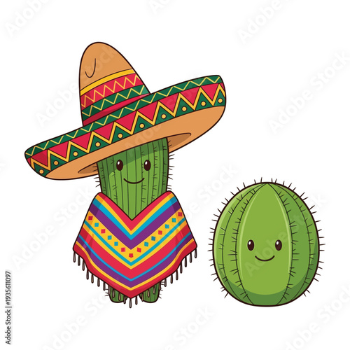 Cute cartoon cacti wearing a sombrero and poncho