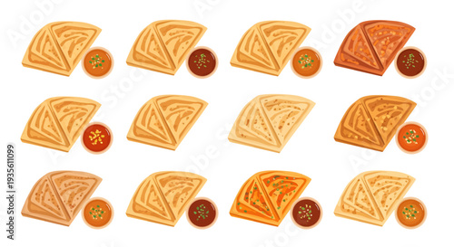 Roti Canai and Roti Prata Illustration Set, Traditional Indian-Malaysian Flatbread with Curry Dipping Sauce, Asian Street Food Vector Pattern
