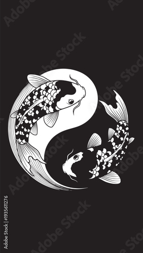 Elegant Yin Yang Koi Fish Illustration with Blossoms on Black Background, Circular Symbol of Balance.