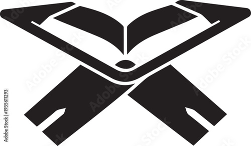 Black vector icon of an open book on crossed tools isolated on transparent background