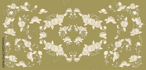 Vintage nouveau floral border with roses and delicate vines with leaves, retro pattern, corner frame with flowers for romantic wedding invitations, botanical prints, or decorative book covers.