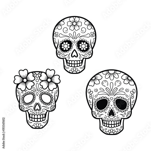 Day of the Dead Sugar Skulls Illustration: Black & White Calaveras with Intricate Floral & Traditional Motifs, Triangular Arrangement on White Background