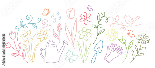 Spring garden vector set. Floral nature bloom icons. Simple gardening doodles.