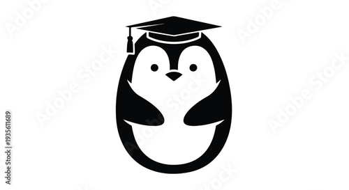 Black and white illustration of a penguin wearing a graduation cap on a plain white background.