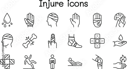 Medical injury icons set in outline style including bandage, broken bone, head injury, hand bandage, ankle sprain, fall accident, first aid symbols and healthcare emergency elements