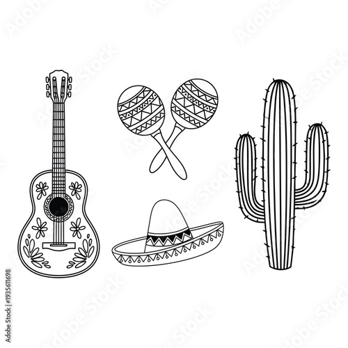 Mexican Icons: Guitar, Maracas, Sombrero, and Cactus