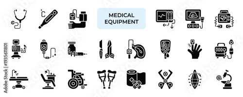 Medical Equipment Icon set Collection in Solid Glyph Style. hospital, emergency, clinical, patient, stethoscope, thermometer