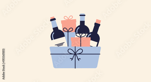 A festive wine and gift basket arrangement with multiple bottles and presents