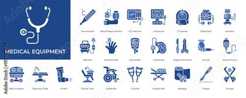 Medical Equipment Icon set Collection in Glyph Two Color Style. hospital, emergency, clinical, patient, stethoscope, thermometer