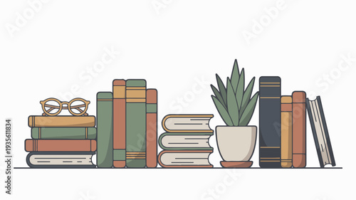A collection of books and a potted plant on a shelf, viewed from the front.