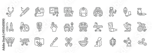 Medical Equipment Icon set Collection in Line Style. hospital, emergency, clinical, patient, stethoscope, thermometer
