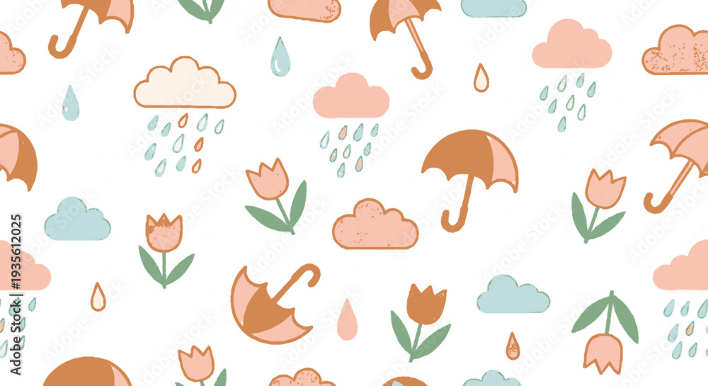 Fototapeta premium Whimsical pattern of orange umbrellas pink tulips and soft clouds with raindrops on a light background