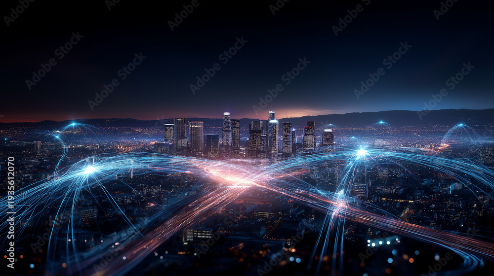Obraz premium Cinematic aerial digital painting of a glowing smart city at night the road grid illuminated from within by blue data pulses representing real time connectivity tower clusters