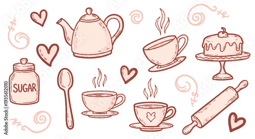 Delicate tea setting illustration with teapot cups sugar jar spoon cake and rolling pin surrounded by hearts and swirls on white background