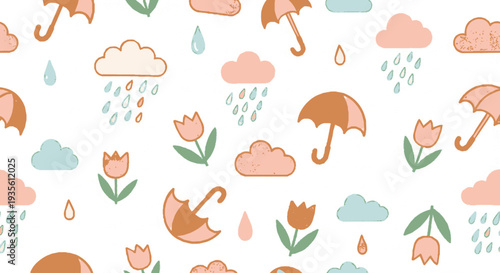 Whimsical pattern of orange umbrellas pink tulips and soft clouds with raindrops on a light background
