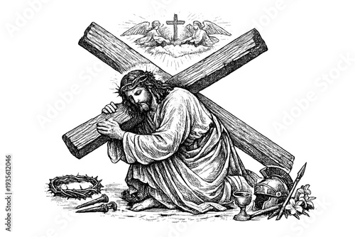 Jesus Christ Carrying the Cross Vintage Engraving Illustration Passion of Christ Biblical Scene