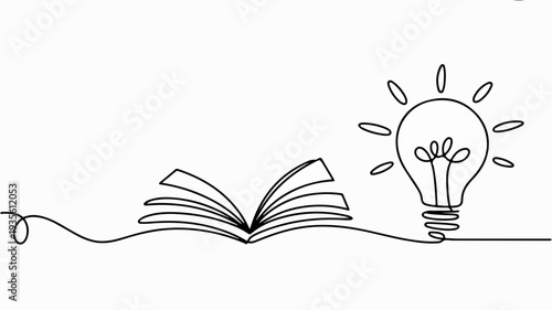 An open book and a light bulb symbolizing ideas and learning in a minimalist line art style
