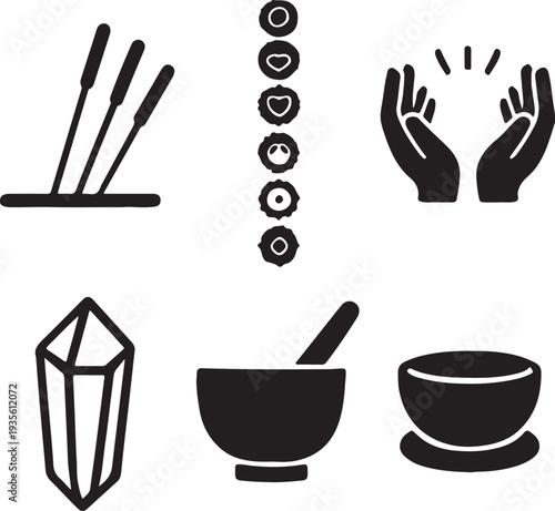 Mystical collection featuring hands crystals ritual tools and elements in black silhouette on transparent background high quality