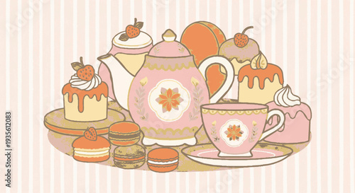 Vintage tea party with pink teapot cup cakes and macarons on a table