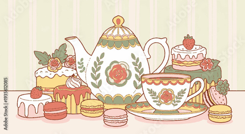 Vintage tea party setting with teapot cup and assorted desserts on a pastel background elegant and charming atmosphere perfect