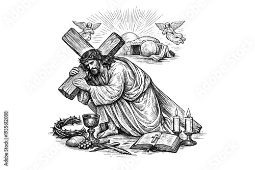 Jesus Christ Carrying the Cross Vintage Engraving Illustration Passion of Christ Biblical Scene