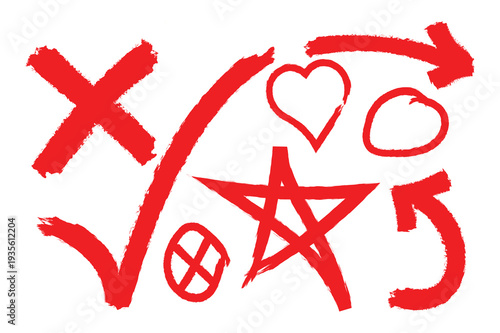 Red hand drawn grunge design elements set, dry brush strokes, heart, star, arrow, x mark, check mark