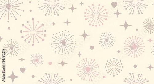 Soft pink and beige fireworks pattern with stars and hearts on a cream background ideal for festive designs and celebrations