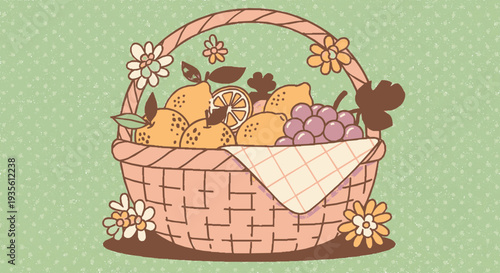 Hand drawn basket with freshly baked bread grapes and cloth napkin on green background rustic and cozy illustration