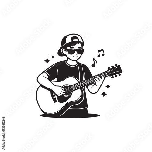 Musician icon with acoustic guitar black and white silhouette vector illustration mockup template.