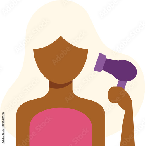 Woman with blonde hair drying it with a purple hairdryer