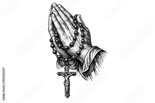 Praying Hands with Rosary Vintage Engraving Illustration Christian Prayer and Catholic Faith Symbol
