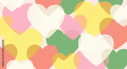 Bright colorful heart shapes in pastel tones of pink yellow green and orange overlap playfully on a soft minimalist background
