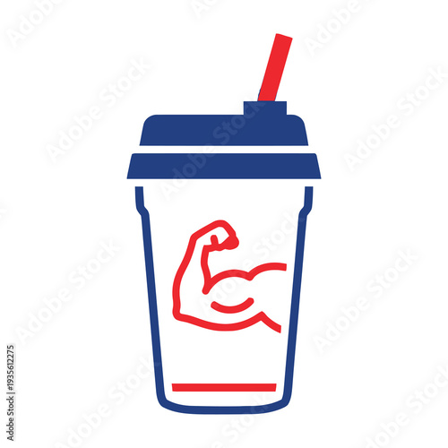 Muscular arm symbol on blue and red drink cup with lid and straw