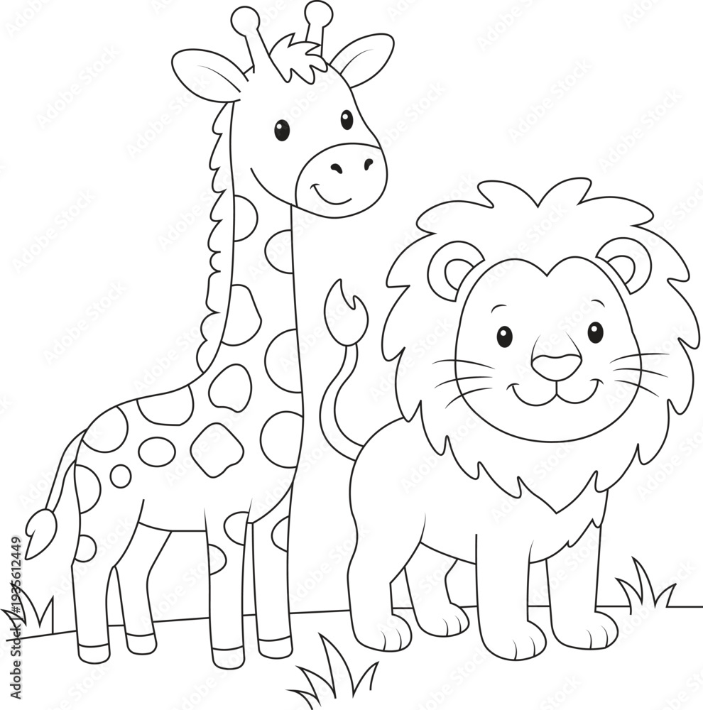 Obraz premium Cute Lion and Giraffe Cartoon Line Art Coloring Page Illustration